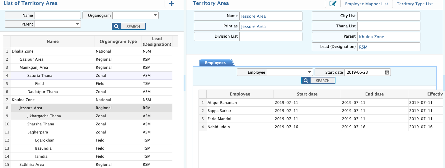 Territory Area List